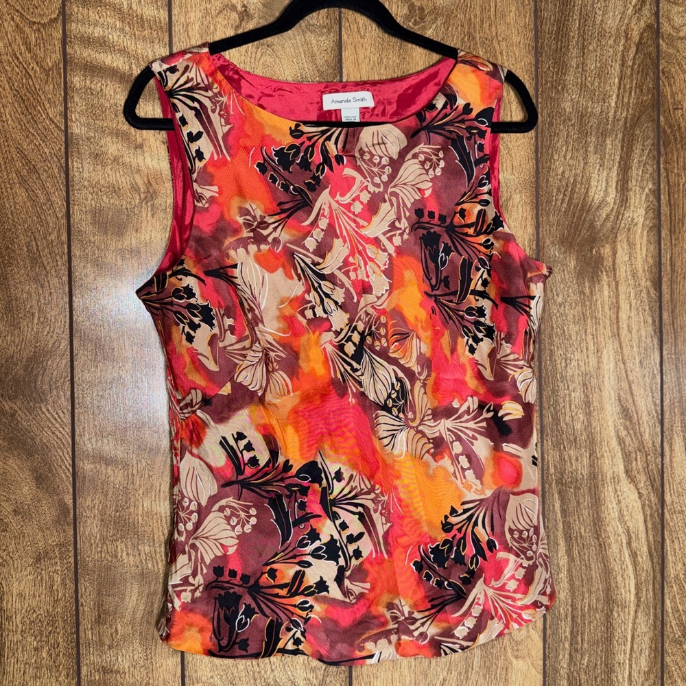 Amanda Smith Womens 100% Silk Sleeveless Blouse Red Orange Floral Print Size 14
